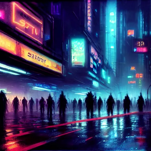 Image similar to photo of a rundown seedy futuristic city scene at night with bright neon lights, raining, bladerunner, sci fi splash art by craig mullins, greg rutkowski