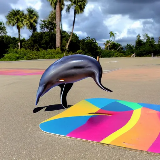 Prompt: dolphine skateboarding on a rainbow