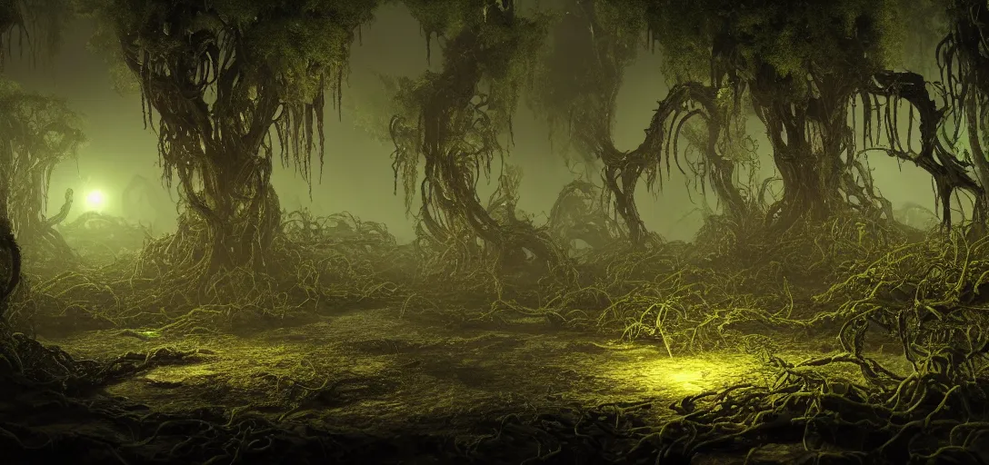 Prompt: dramatic render of dark alien swamp at night, accurate ray tracing, mysterious green glow, twisted withering vines, sharp spiky rocks, ambient occlusion, unreal engine, detailed, artstation, by dylan cole and jordan grimmer