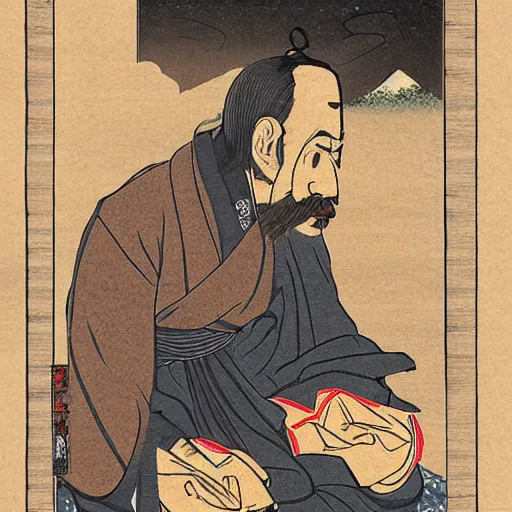 Image similar to twitch streamer forsen as homeless in Ukiyo-e style, rule of thirds