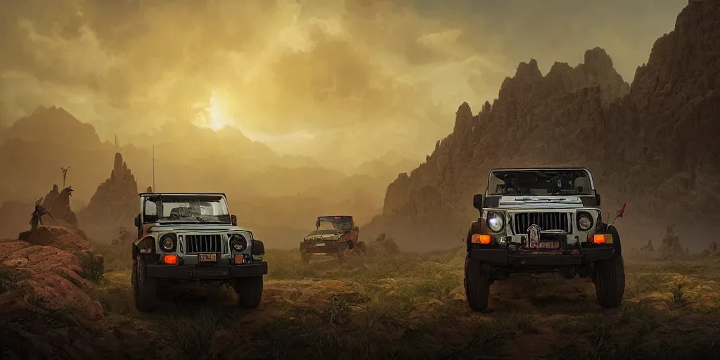 Image similar to Mahindra thar, an epic fantasy, dramatic lighting, cinematic, establishing shot, horizon forbidden west, extremely high detail, photorealistic, cinematic lighting, by simon stalenhag