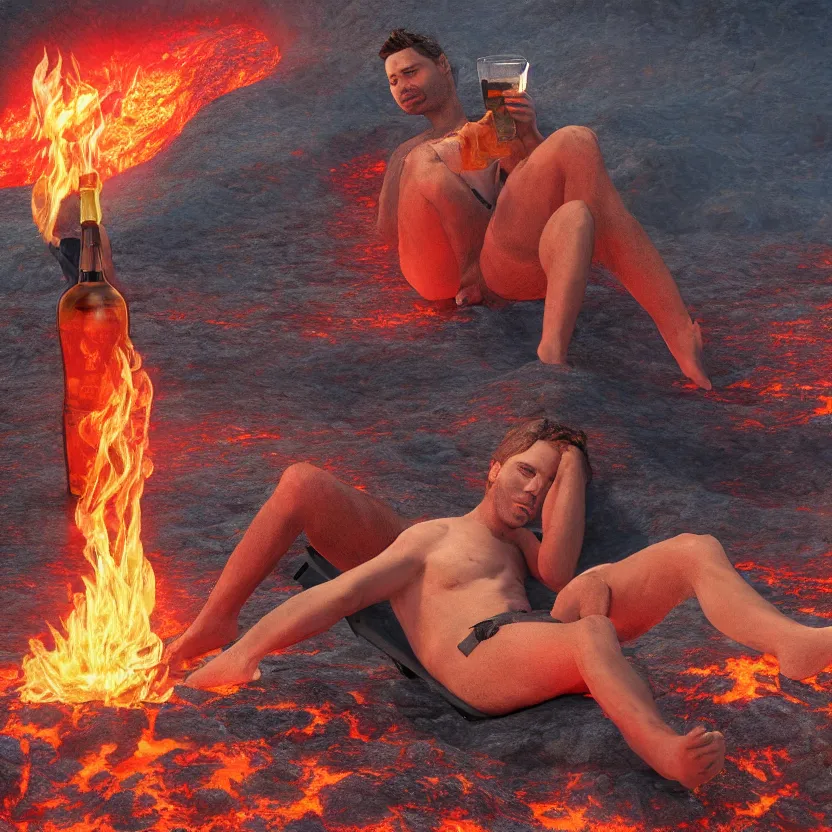 Prompt: Lucifer Morningstar laying in a beach chair on a lava beach in hell drinking a beer, 4k, highly detailed, in the style of Niko Henrichon