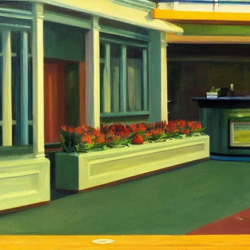 Image similar to idyllic cannabis garden bed in a busy australian cafe muted colors by edward hopper