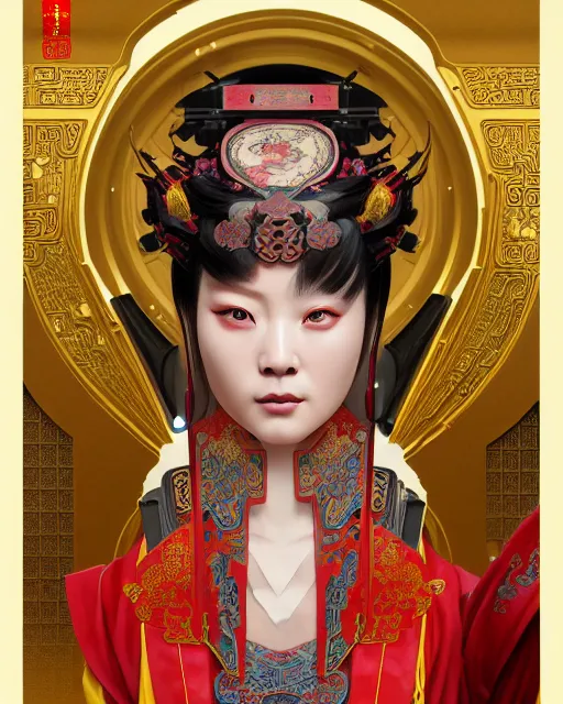 Image similar to portrait of a chinese cyberpunk machine, machine face, robed, upper half portrait, decorated with chinese opera motifs, regal, asian, fine china, wuxia, traditional chinese art intricate intense elegant 京 剧 highly detailed digital painting artstation concept art smooth sharp focus illustration, art by artgerm and greg rutkowski alphonse mucha 8 k