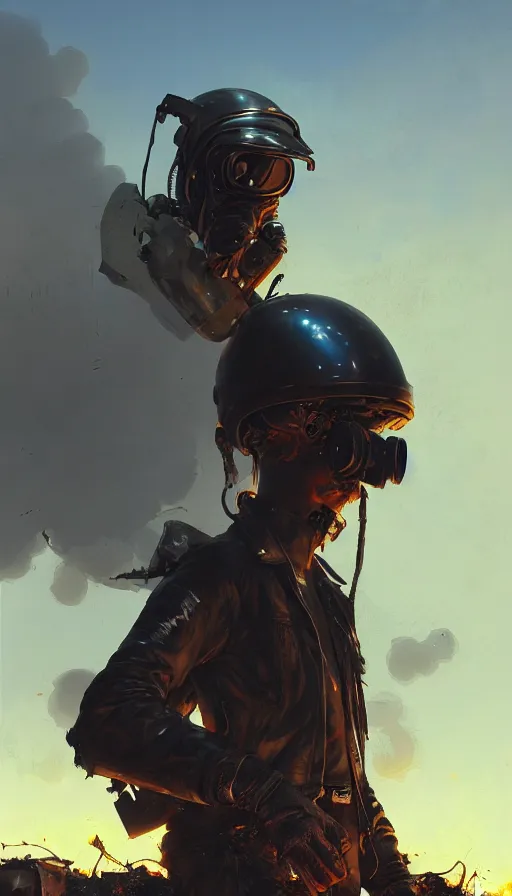 Image similar to a ultradetailed beautiful panting of post apocalyptic biker with helmet in front of crashed airplane burning, by ilya kuvshinov, greg rutkowski and makoto shinkai, trending on artstation