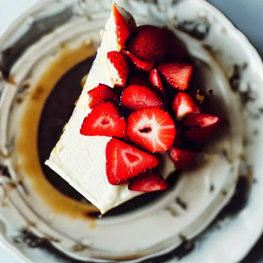 Prompt: professional food photo of a perfect slice of cheesecake topped with strawberries, 35mm film