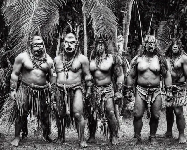 Image similar to hyper realistic group vintage photograph of a live action warcraft orc warrior tribe in the jungle, tall, hulk like physique, detailed faces, tribal paint, tribal armor, grain, old, monochrome, sepia toned, realistic lighting, wide angle