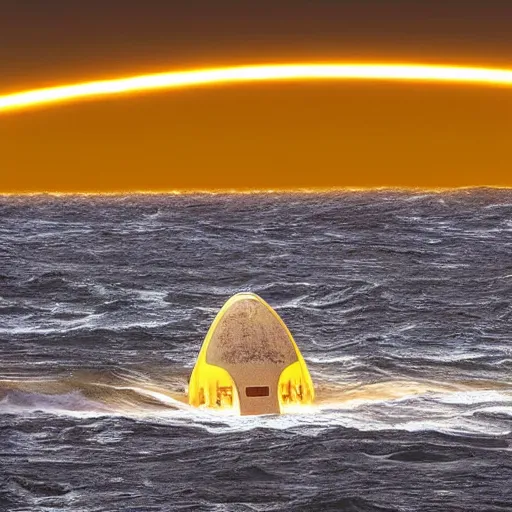 Image similar to the photo shows a large, disk - shaped object hovering in the sky above the ocean waves and mountains. the object appears to be surrounded by a golden bright aura. there is no sign of any engines or propulsion system. the photo was taken by a professional photographer.