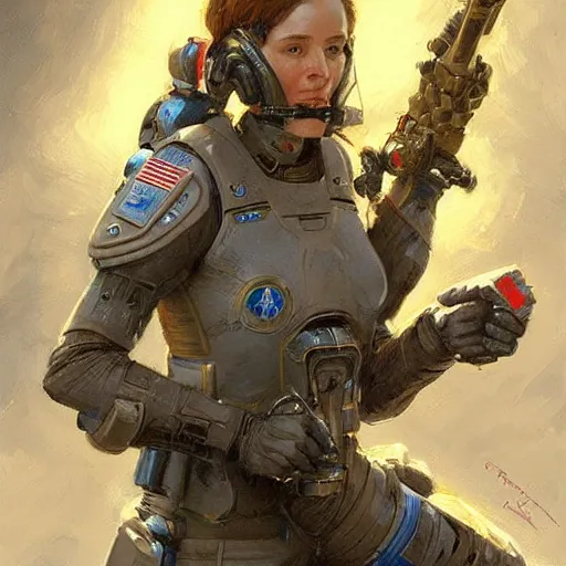 Prompt: Female Intergalactic combat paramedic on the battlefield as full-body Sci-Fi art by Donato Giancola and Bayard Wu, digital art, trending on artstation