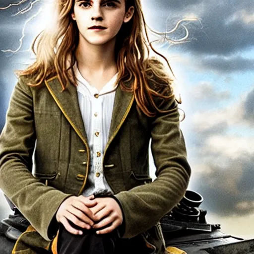 Image similar to Photo of Emma Watson as Hermione Granger on top of a tank in Hogwarts