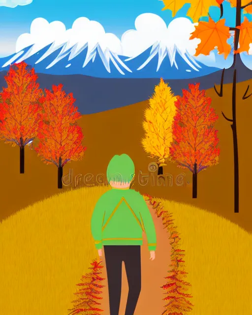 Prompt: autumn hillside boy hiking illustration detailed, matte print