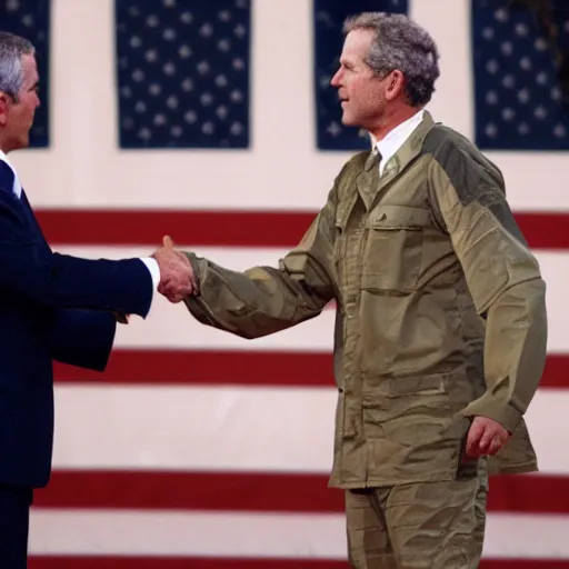 Image similar to george w bush shaking hands with osama bin laden, 8k cinematic lighting, very sharp detail, anatomically correct