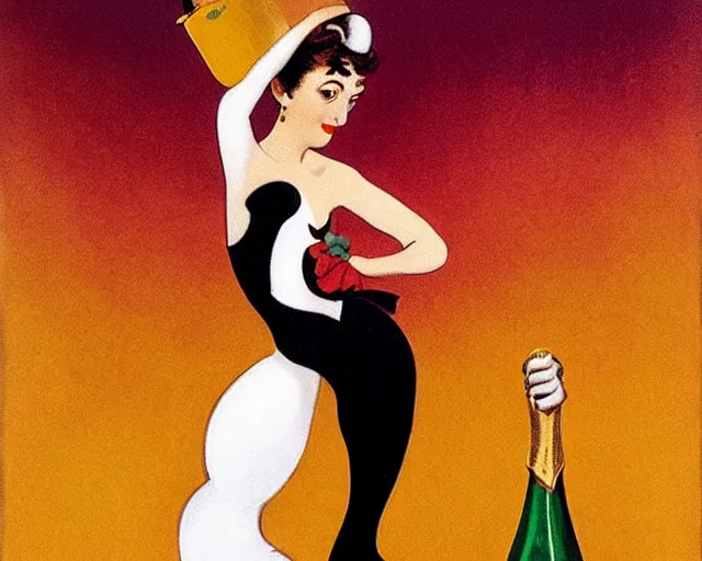 Image similar to audrey hepburn as cancan dancer, melchizedek champagne bottle. leonetto cappiello, pur champagne damery, 1 9 0 2.