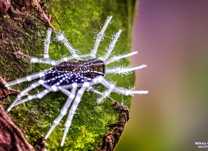 Image similar to super macro of a clear crystal spider with lcd monitor, in the forest. Fantasy magic style. Highly detailed 8k. Intricate. Nikon d850 300mm. Award winning photography.