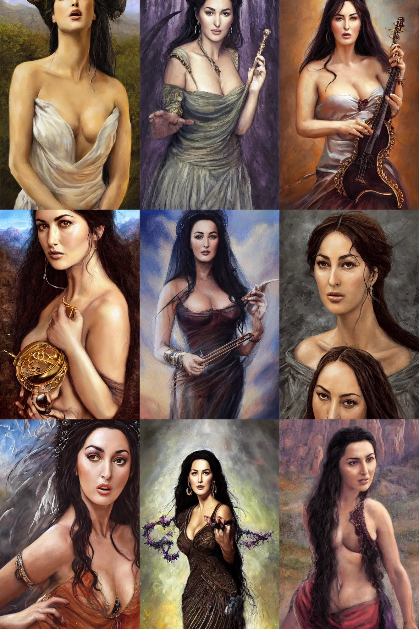 Prompt: a full body high detail fantasy portrait oil painting illustration of young monica bellucci as a beautiful sophisticated singing bard woman by justin sweet with face and body clearly visible, in a scenic background, pupils visible, realistic proportions, d & d, rpg, forgotten realms, artstation trending, high quality, sombre mood, artstation trending, muted colours, entire person visible!