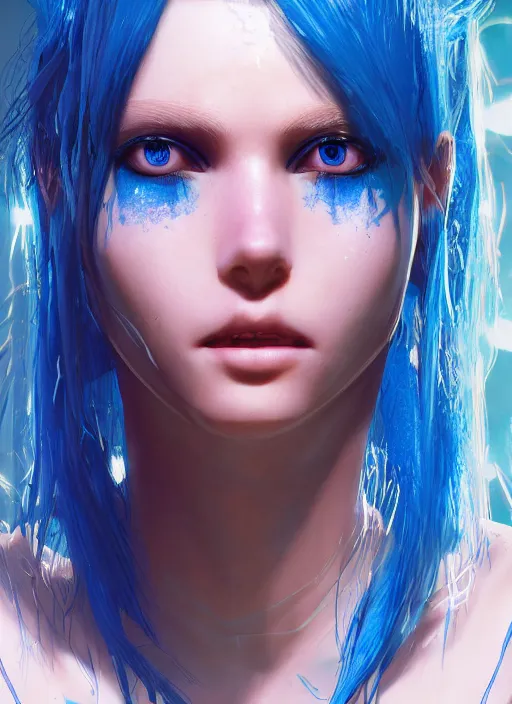 Image similar to beautiful young cyberpunk girl with blue hair, blue eyes, au naturel, hyper detailed, digital art, trending in artstation, cinematic lighting, studio quality, smooth render, fluorescent skin, unreal engine 5 rendered, octane rendered, art style by klimt and nixeu and ian sprigger and wlop and krenz cushart