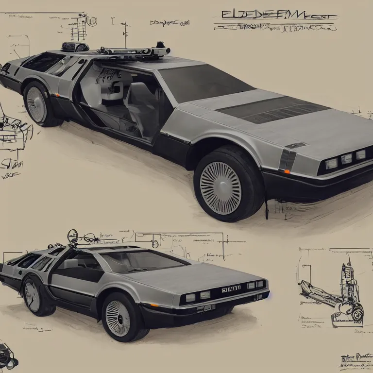 Image similar to blueprint of a sleek concept delorean, by red dead redemption 2, by greg rutowski