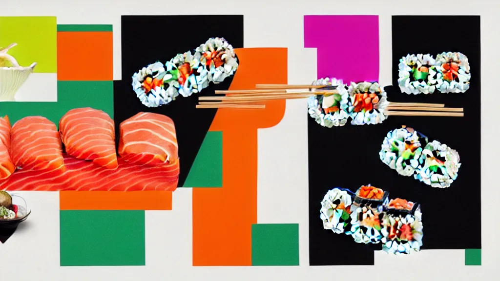 Image similar to an arrangement of sushi, a collage painting, in the style of wes anderson, lola dupre, david hockney, isolated on negative white space background dark monochrome neon spraypaint accents volumetric octane render