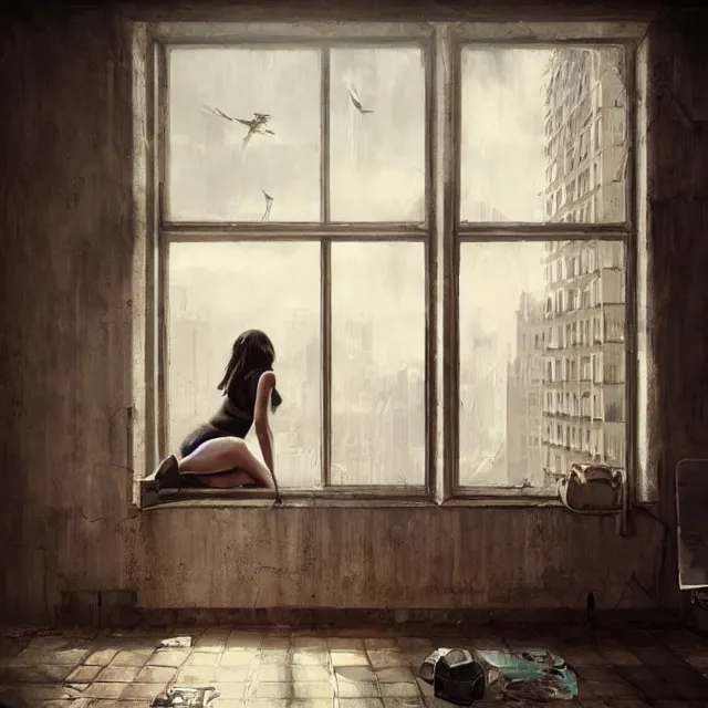 Image similar to window, woman, buildings, surprise, scared, couch by wlop, artgerm, greg rutkowski, evocative, highly detailed