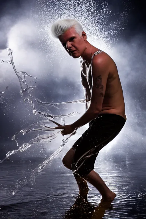 Image similar to scooter band member baxxter with white hair standing in water with explosion in background, full body, reflection in water, volumetric lighting, golden ratio