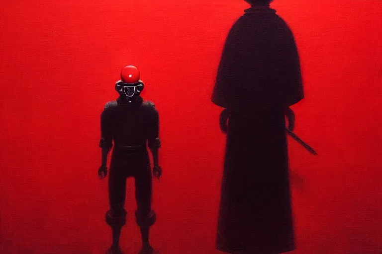 Image similar to only with red, a red samurai humanoid, tokio futuristic in background, yokai, in the style of beksinski, parts by edward hopper, parts by rodcenko, parts by yue minjun, intricate and epic composition, red by caravaggio, insanely quality, highly detailed, masterpiece, red light, artstation, 4 k