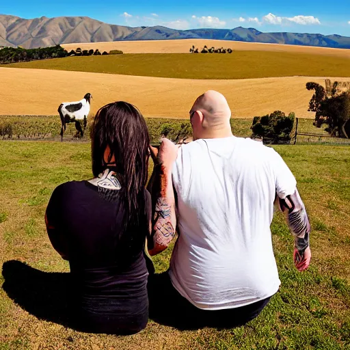 Image similar to portrait of a young fat bald white male tattoos and his young white female brown hair wife with tattoos. male is wearing a white t - shirt, tan shorts, white long socks. female is has long brown hair and a lot of tattoos. photo taken from behind them overlooking the field with a goat pen. rolling hills in the background of california and a partly cloudy sky