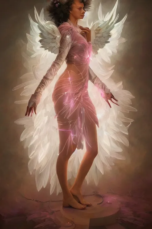 Prompt: beautiful model wearing crystal white feathers, pink magic, vortex, angel, fantasy, dramatic lighting, highly detailed, digital painting, holding electricity, magic the gathering, 3 d render, hyper realistic detailed portrait, peter mohrbacher, wlop, ruan jia