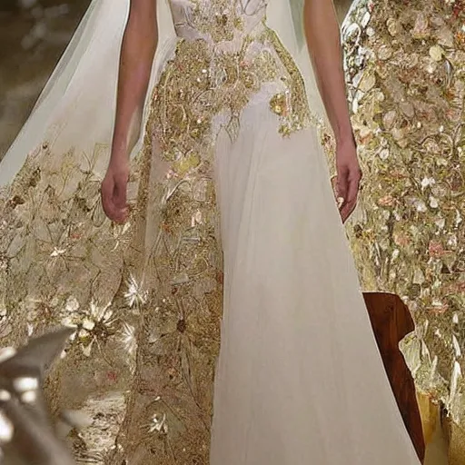 Image similar to a long wedding dress with a train made of flower petals made of light - colored fabric. transparent in places. in places, patterns of precious stones. intricate patterns of gold thin threads. fantasy. clear details