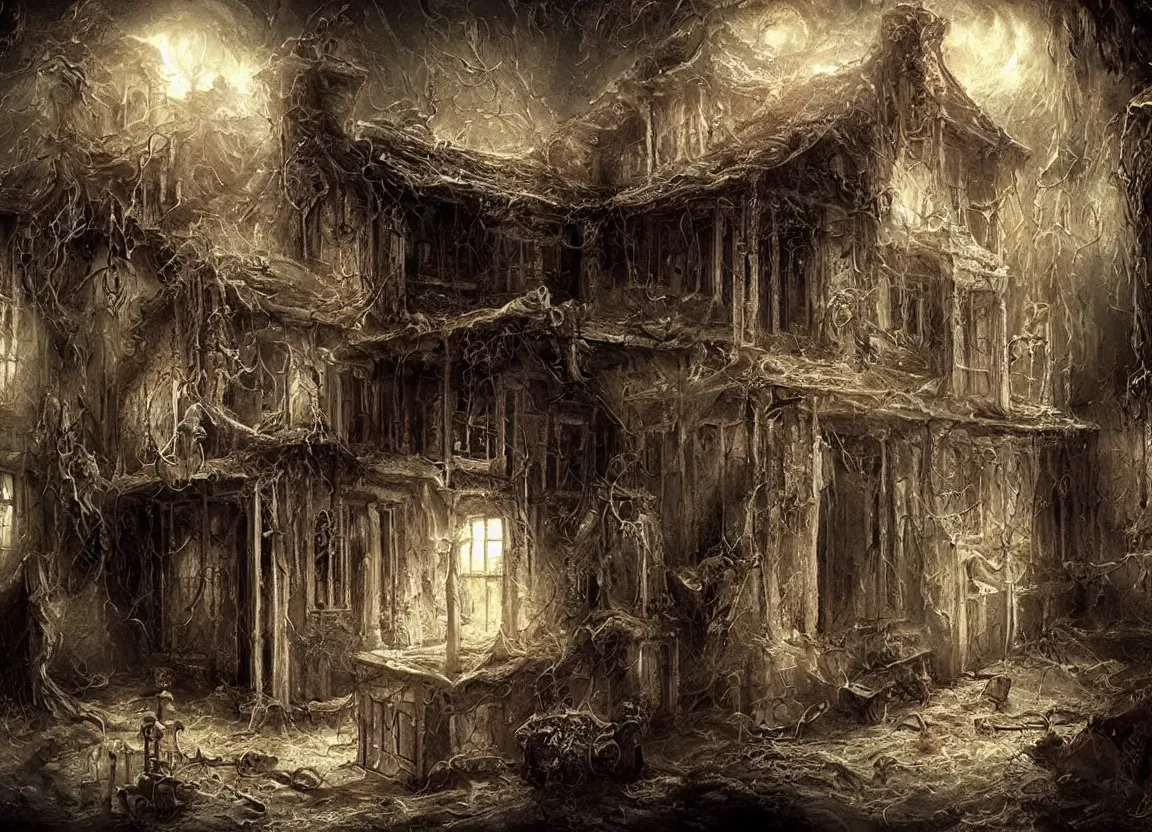 Image similar to a poltergeist inside a creepy house, fantasy art