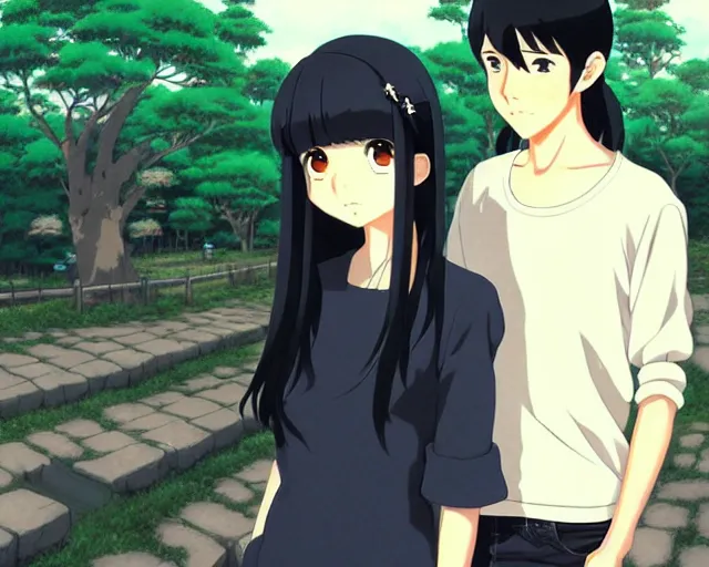 Prompt: beautiful anime girl with long black hair and bangs, two beautiful anime guys with black hair, wearing black clothes, siblings, fine details portrait, Japanese village background, bokeh. anime masterpiece by Studio Ghibli. illustration, sharp high-quality anime illustration in style of Ghibli, Ilya Kuvshinov, Artgerm