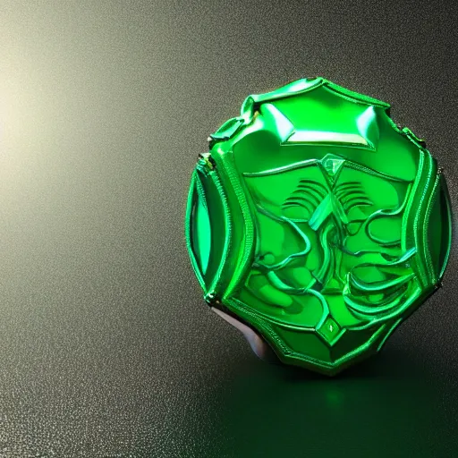 Image similar to shiny metallic amulet with a glowing emerald, highly detailed, concept art, beautiful, octane render