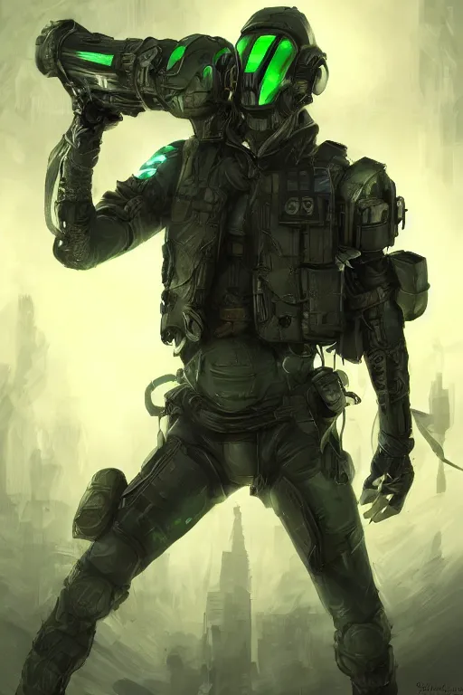Prompt: a futuristic saboteur carrying multiple bombs in his body, green eyes, highly detailed, digital art, sharp focus, ambient glow, trending on art station, fantasy art style