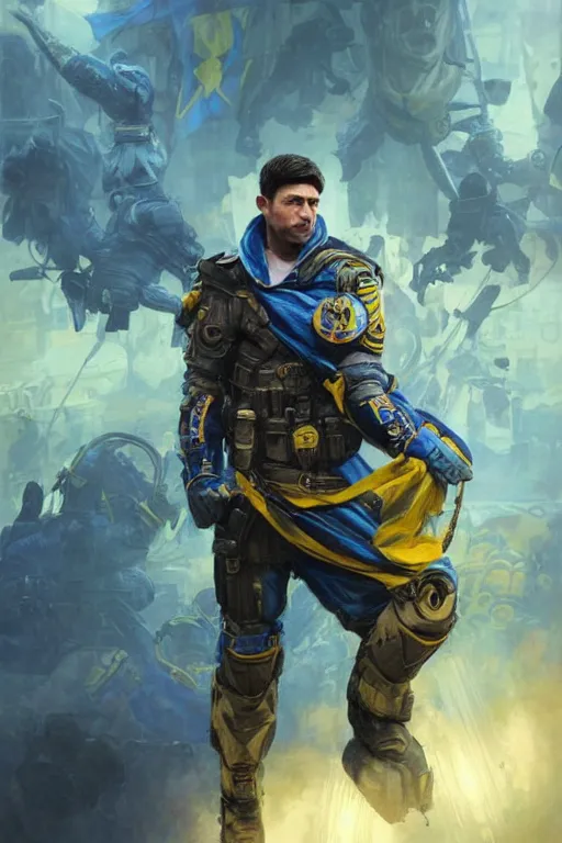 Image similar to shot of Vladimir Zelenskiy as a super soldier with Ukrainian blue and yellow flag on his back, handsome, fantasy, intricate, pile of skulls under his feet, elegant, highly detailed, digital painting, artstation, concept art, smooth, sharp focus, illustration, art by artgerm and greg rutkowski and alphonse mucha