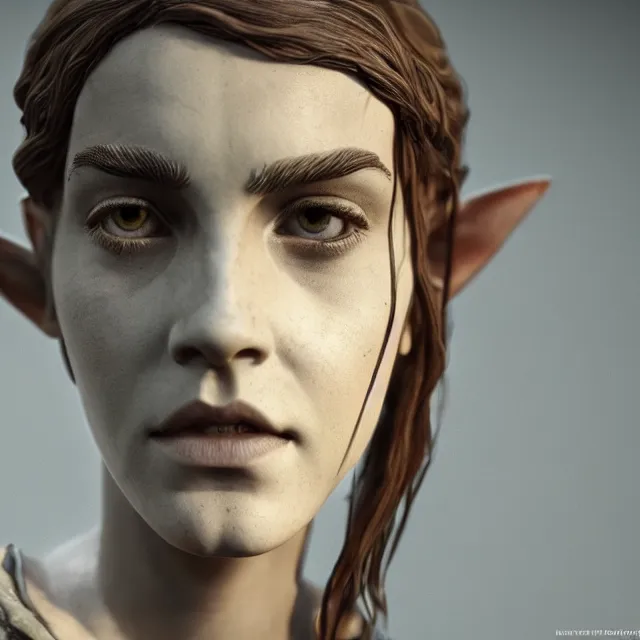 Image similar to marble sculpture of emma watson as an elf warrior, realistic, unreal engine render, octane render, hyper realistic, photo, 8 k, cinematic lighting