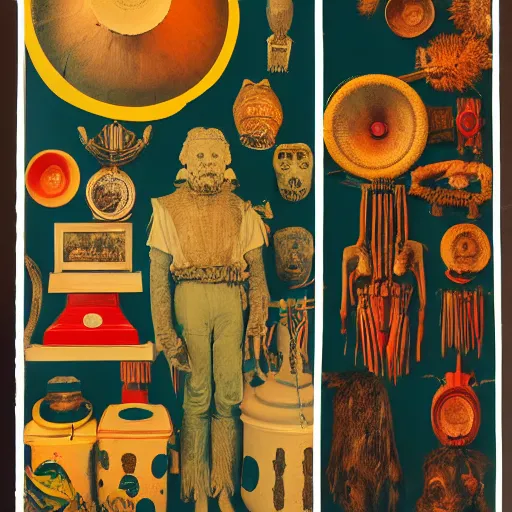 Prompt: A three color offset photography of objects on display, fluorescent, anthropology of wonder, exotic artifacts, colonial expedition, catalog exhibition, 60s style