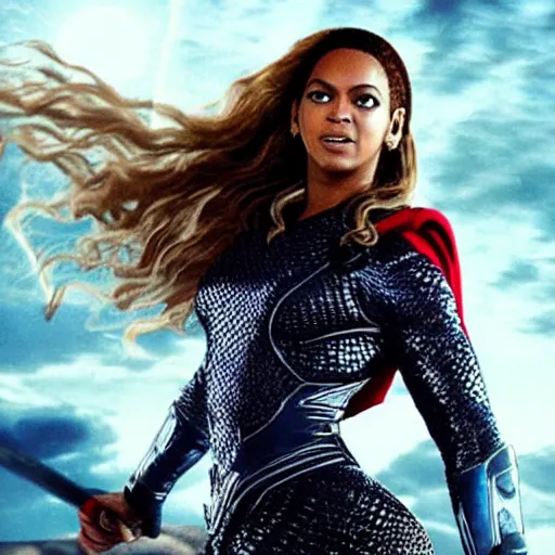 Image similar to beyonce as thor movie frame, mcu