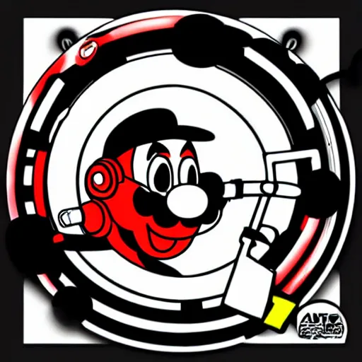 Image similar to svg sticker of a Pop-Wonder SuperMario, Mario-Wearing-a-red-hat, at a rave, spinning records, giant headphones rocking out, wearing headphones, huge speakers, dancing, rave, DJ, spinning records, digital art, amazing composition, rule-of-thirds, award-winning, trending on artstation, featured on deviantart