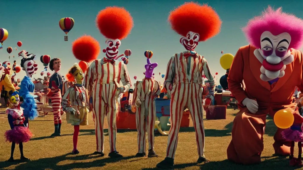 Image similar to the giants clowns at the fair, they tie a balloon animal, film still from the movie directed by denis villeneuve and david cronenberg with art direction by salvador dali and dr. seuss