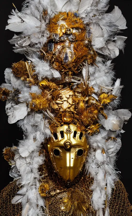 Prompt: full size golden armor, cultist robe, flower mask, ornate, made of sniny latex, feathers, crystals, and smoke by giger and irene van herpen + cyberpunk + steampunk + bees + flowers, insects, honeycombs + sharpened + extremely detailed + harsh gallery lighting + cinematic