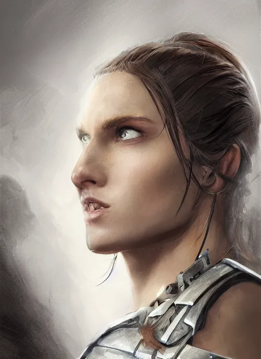 Image similar to a professional portrait of an attractive young girl, partially clothed in battle armor, olive skin, long dark hair, beautiful bone structure, symmetrical facial features, intricate, elegant, digital painting, concept art, smooth, sharp focus, finely detailed illustration, beautifully framed, from Metal Gear, in the style of Artgerm and Greg Rutkowski and William-Adolphe Bouguerea