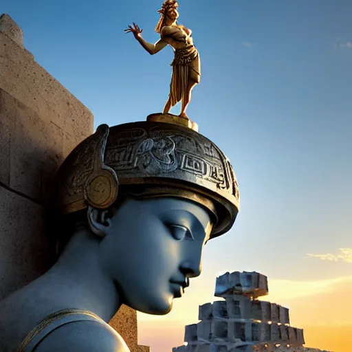 Prompt: tiny greek goddess in steel helmet standing on a giant greek bearded male head of Zeus, greek temple of olympus glory island, late afternoon light, wispy clouds in a blue sky, by frank lloyd wright and greg rutkowski and ruan jia