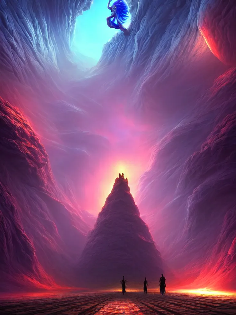 Image similar to entrance to ethereal realm, god waiting, rendered in unreal engine, central composition, symmetrical composition, dreamy colorful cyberpunk colors, 6 point perspective, fantasy landscape with anthropomorphic!!! terrain!!! in the styles of igor morski, jim warren, and rob gonsalves, intricate, hyperrealistic, volumetric lighting, big sky, distinct horizon