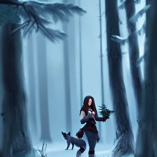 Image similar to a pretty girl surrounded by wolves, in the woods, digital painting, photorealistic, in the style of greg rutkowski, full body, detailed face, sharp, unreal engine 5