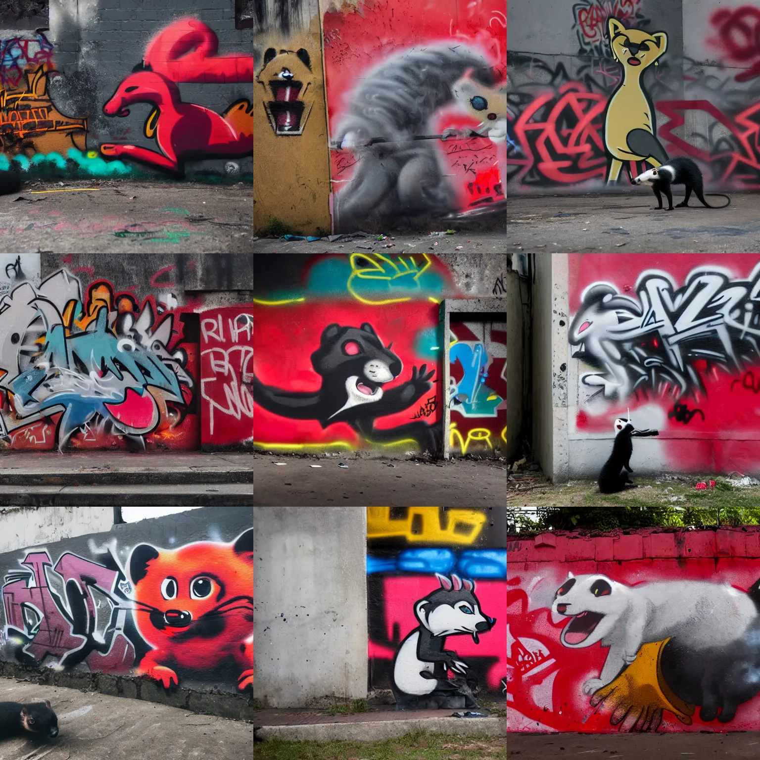 Prompt: photo ( far _ shot ), subject [ furry _ fandom _ fursona ( red - black, anthropomorphic _ weasel - ferret - stoat ) ], background ( smoke, concrete ), medium [ graffiti ( spray _ paint ) ], location ( favela _ wall )