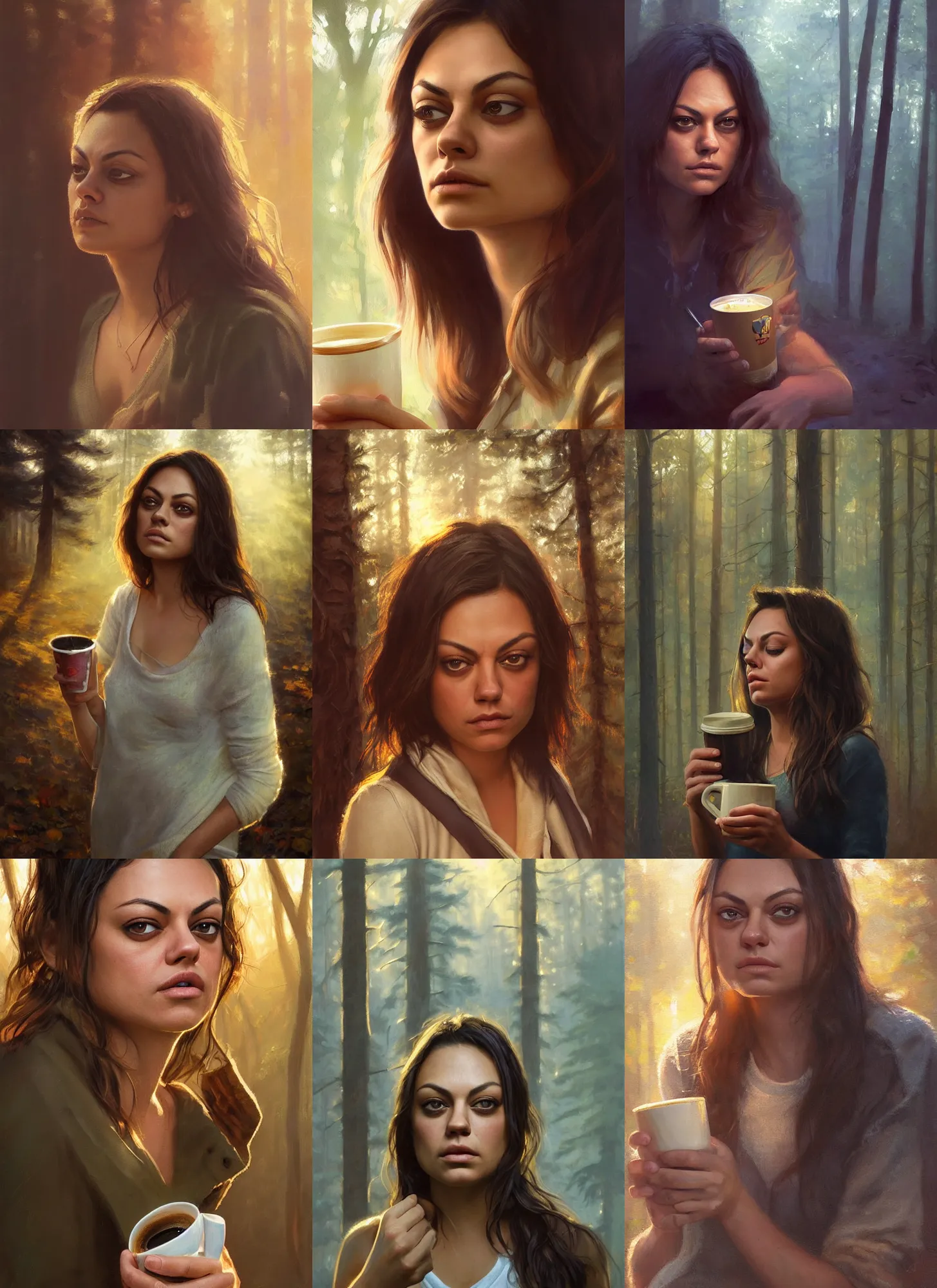 Image similar to close portrait of sleepy mila kunis waking up with coffee, dramatic light, morning golden hour, forest cabin background, 2 0 0 mm focal length, painted by stanley lau, painted by greg rutkowski, painted by stanley artgerm, digital art, trending on artstation