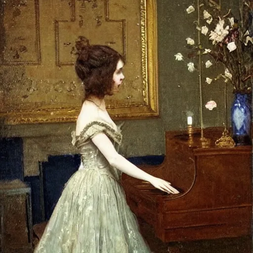 Image similar to victorian girl in ball gown absent - mind looking at her dance card, painting by alfred stevens