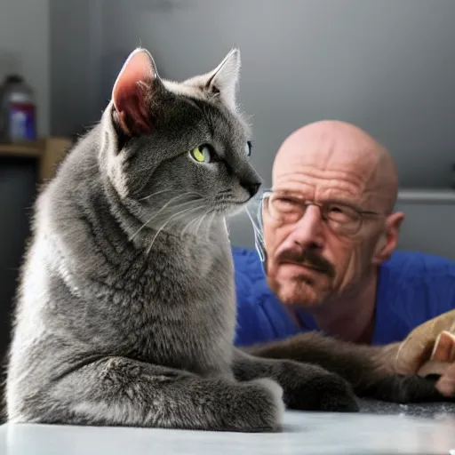 Prompt: gray cat with tan spots of fur being pet by a walter white inside a meth lab, hyper realistic, photo