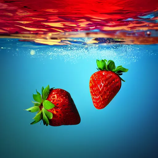 Prompt: half cut strawberry, splash underwater! award winner photoshop edit, golden ratio