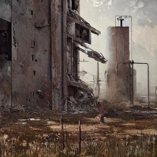 Image similar to painting of a abandoned post soviet town infested with humanoid root monsters by jakub rozalski