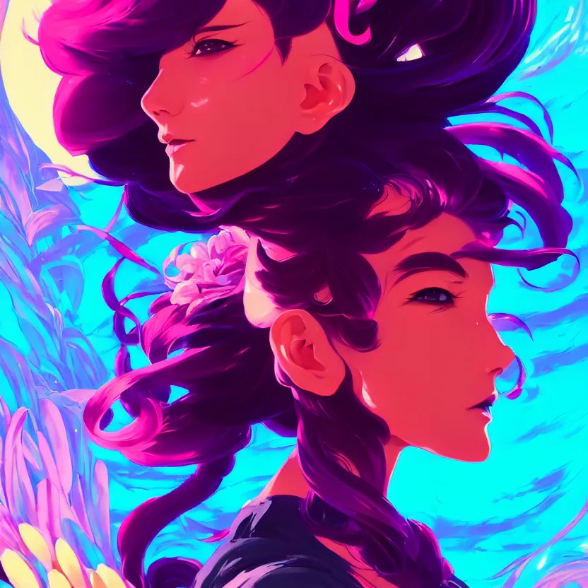 Image similar to side profile macro portrait, medium shot, supermodel anime girl with synthwave flower, gloomhaven, colorful swirly retrowave style fantasy poster, by greg manchess, lois van baarle, sachin teng, greg rutkowski, jesper ejsing, ilya kuvshinov, extremely detailed 4 k,